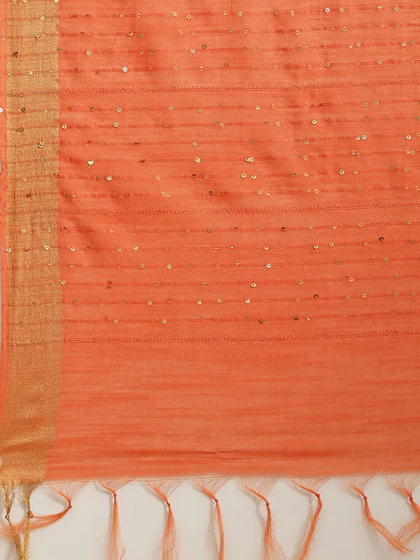 Authentic_Tamie_Orange_Cotton_Semi_Soft_Silk_Striped_Sequin_Handloom_Bhagalpuri_Saree