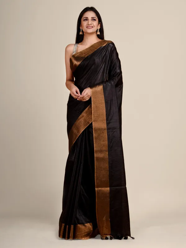 Authentic_Black_Tussar_Viscous_Silk_Handloom_Bhagalpuri_Saree_with_Gold_Zari_Border