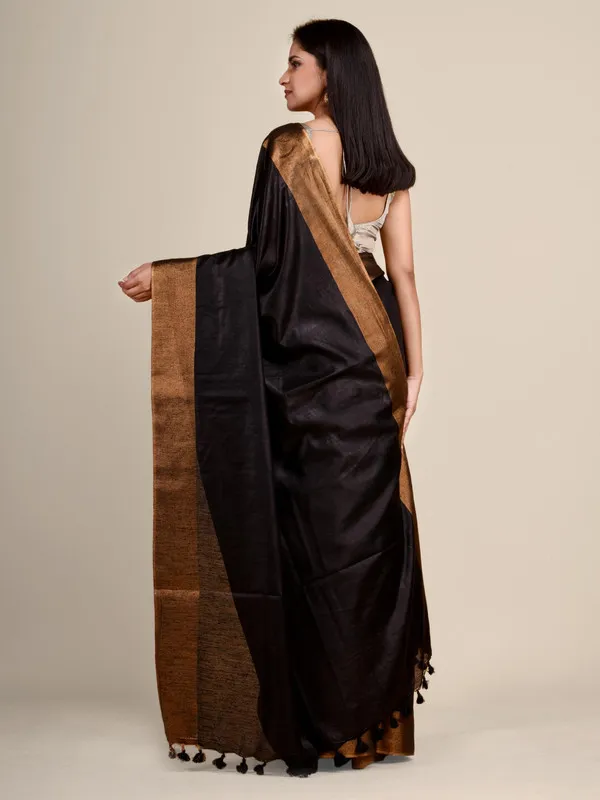 Authentic_Black_Tussar_Viscous_Silk_Handloom_Bhagalpuri_Saree_with_Gold_Zari_Border