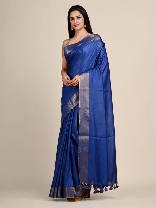 Authentic_Cobalt_Blue_Tussar_Viscous_Silk_Handloom_Bhagalpuri_Saree_with_Gold_Zari_Border