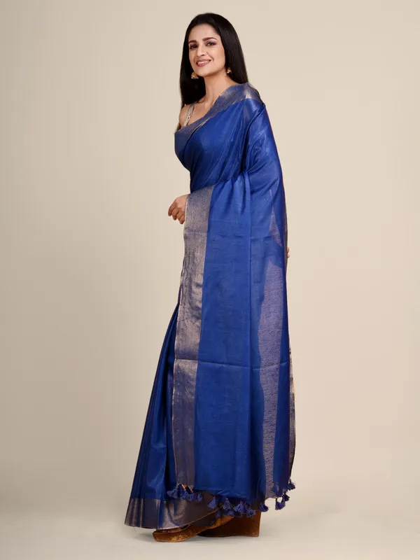 Authentic_Cobalt_Blue_Tussar_Viscous_Silk_Handloom_Bhagalpuri_Saree_with_Gold_Zari_Border