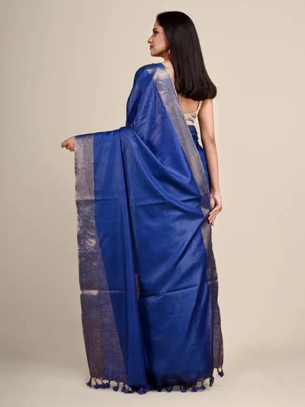 Authentic_Cobalt_Blue_Tussar_Viscous_Silk_Handloom_Bhagalpuri_Saree_with_Gold_Zari_Border