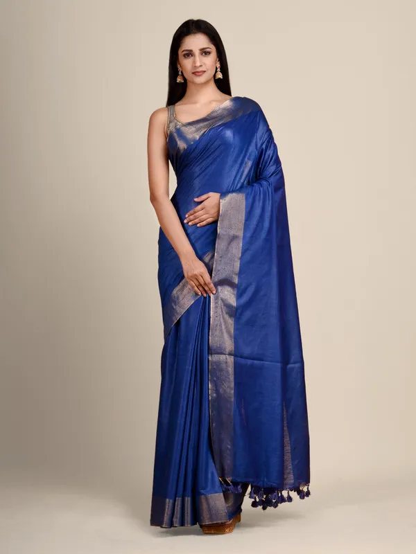 Authentic_Cobalt_Blue_Tussar_Viscous_Silk_Handloom_Bhagalpuri_Saree_with_Gold_Zari_Border