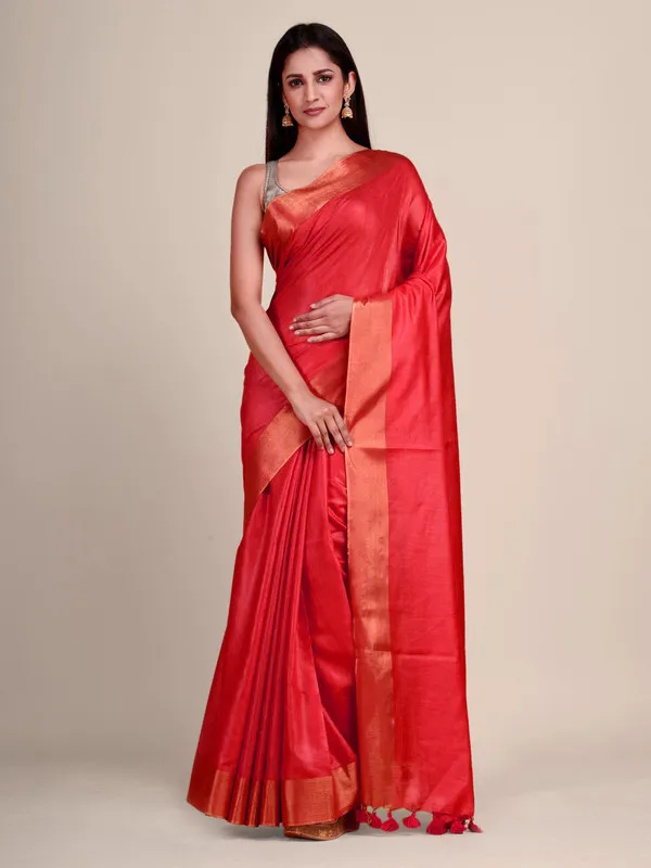 Authentic_Fine_Red_Tussar_Viscous_Silk_Handloom_Bhagalpuri_Saree_with_Gold_Zari_Border
