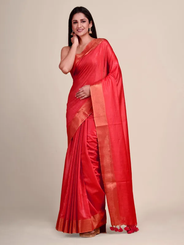 Authentic_Fine_Red_Tussar_Viscous_Silk_Handloom_Bhagalpuri_Saree_with_Gold_Zari_Border