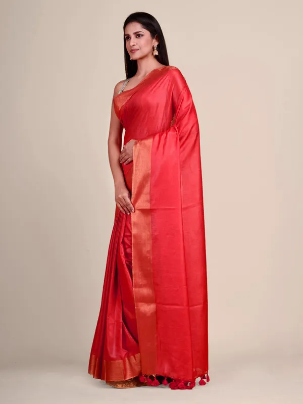 Authentic_Fine_Red_Tussar_Viscous_Silk_Handloom_Bhagalpuri_Saree_with_Gold_Zari_Border