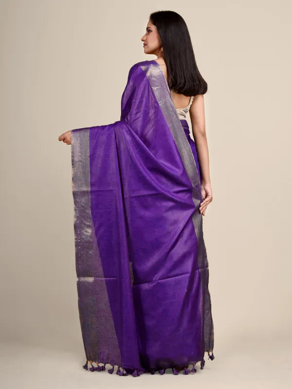 Authentic_French_Purple_Tussar_Viscous_Silk_Handloom_Bhagalpuri_Saree_with_Gold_Zari_Border