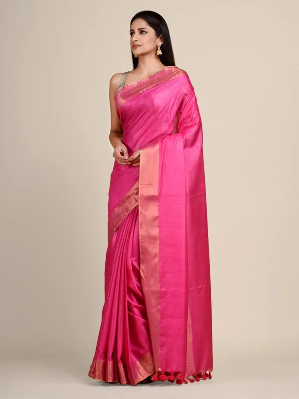 Authentic_Hot_Pink_Tussar_Viscous_Silk_Handloom_Bhagalpuri_Saree_with_Gold_Zari_Border