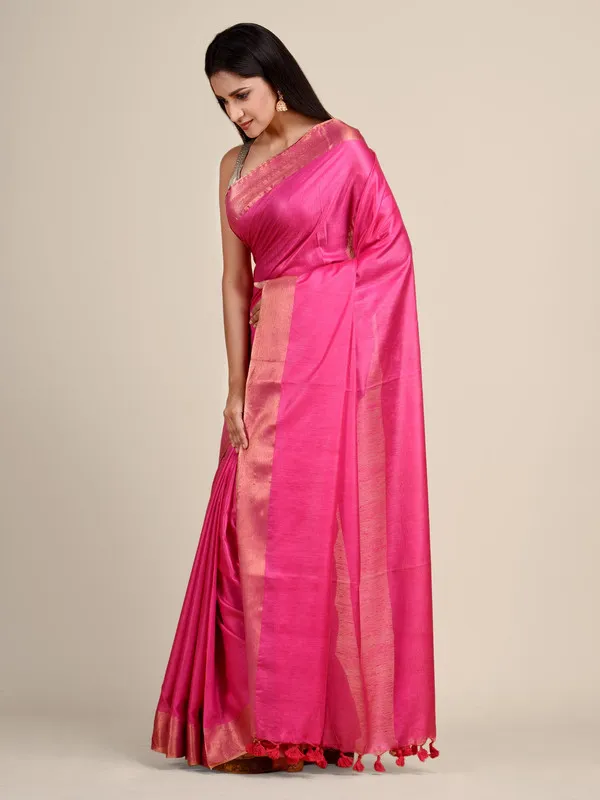 Authentic_Hot_Pink_Tussar_Viscous_Silk_Handloom_Bhagalpuri_Saree_with_Gold_Zari_Border
