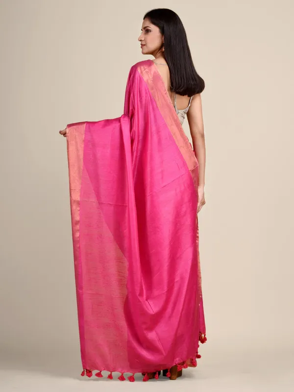Authentic_Hot_Pink_Tussar_Viscous_Silk_Handloom_Bhagalpuri_Saree_with_Gold_Zari_Border