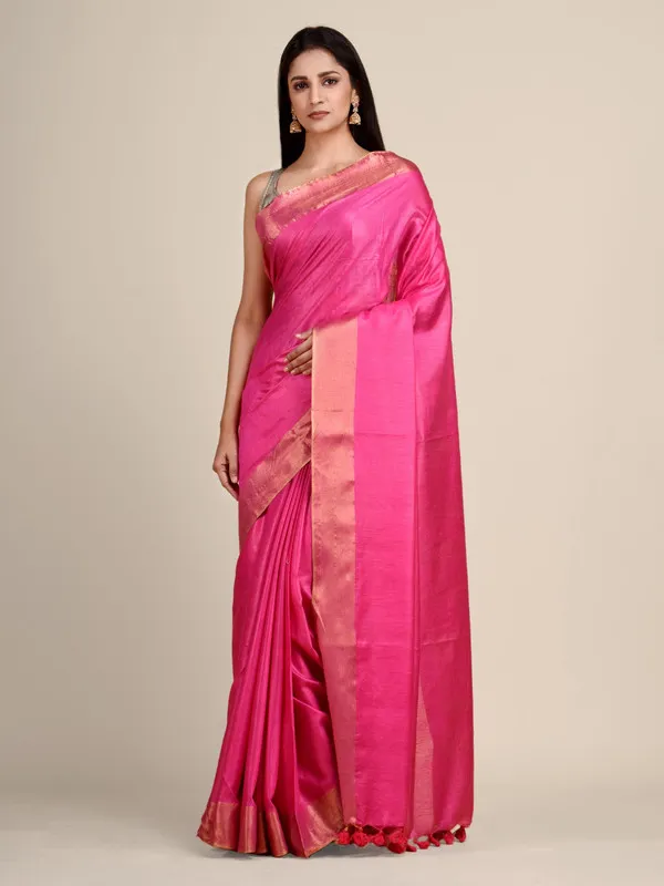 Authentic_Hot_Pink_Tussar_Viscous_Silk_Handloom_Bhagalpuri_Saree_with_Gold_Zari_Border