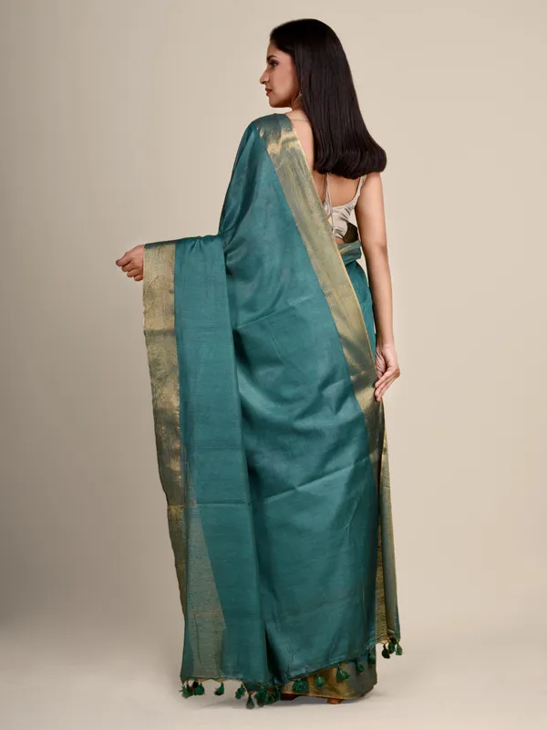 Authentic_Pine_Green_Tussar_Viscous_Silk_Handloom_Bhagalpuri_Saree_with_Gold_Zari_Border
