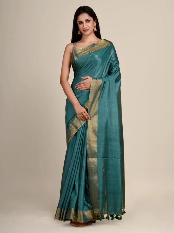 Authentic_Pine_Green_Tussar_Viscous_Silk_Handloom_Bhagalpuri_Saree_with_Gold_Zari_Border