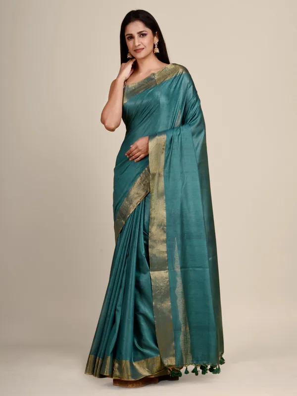 Authentic_Pine_Green_Tussar_Viscous_Silk_Handloom_Bhagalpuri_Saree_with_Gold_Zari_Border