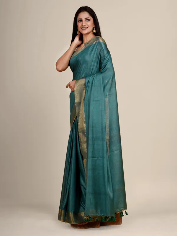 Authentic_Pine_Green_Tussar_Viscous_Silk_Handloom_Bhagalpuri_Saree_with_Gold_Zari_Border