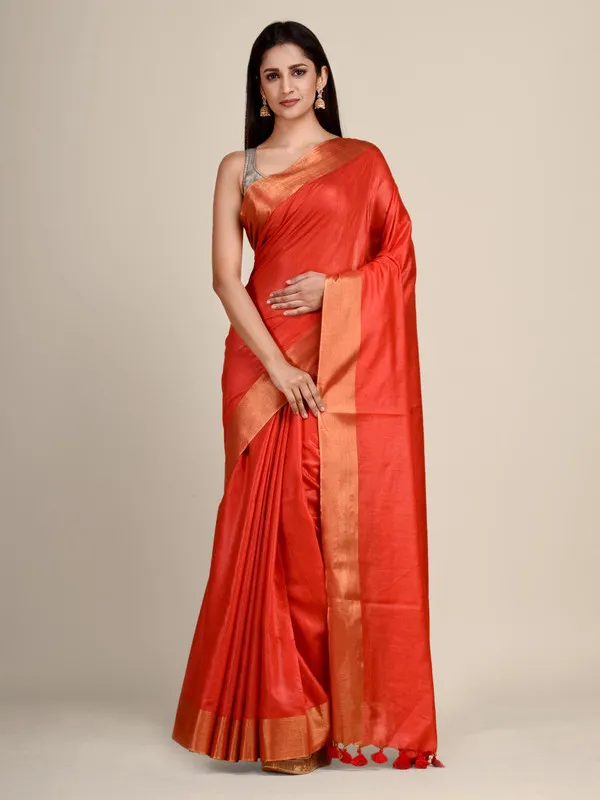 Authentic_Tiano_Orange_Tussar_Viscous_Silk_Handloom_Bhagalpuri_Saree_with_Gold_Zari_Border
