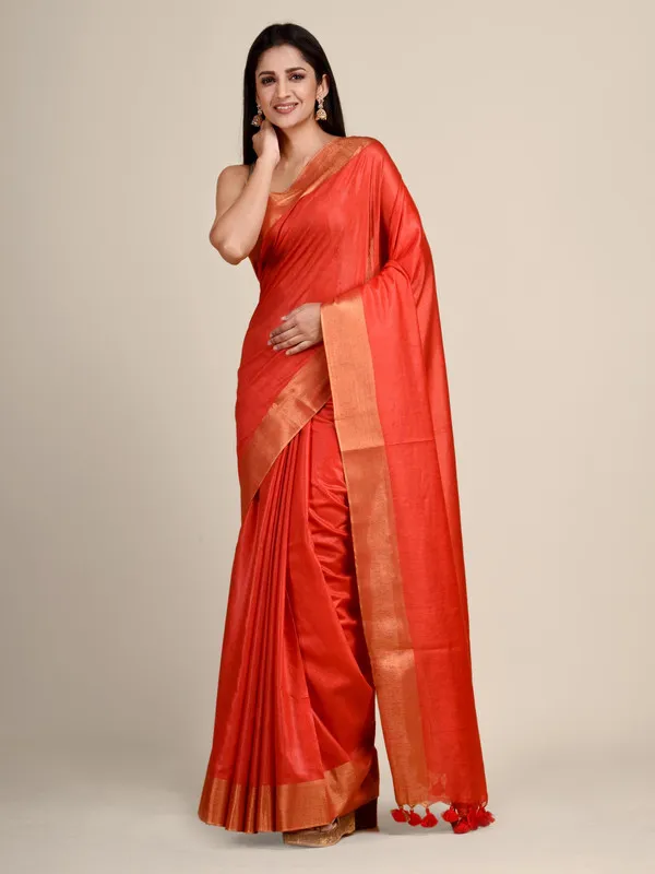 Authentic_Tiano_Orange_Tussar_Viscous_Silk_Handloom_Bhagalpuri_Saree_with_Gold_Zari_Border