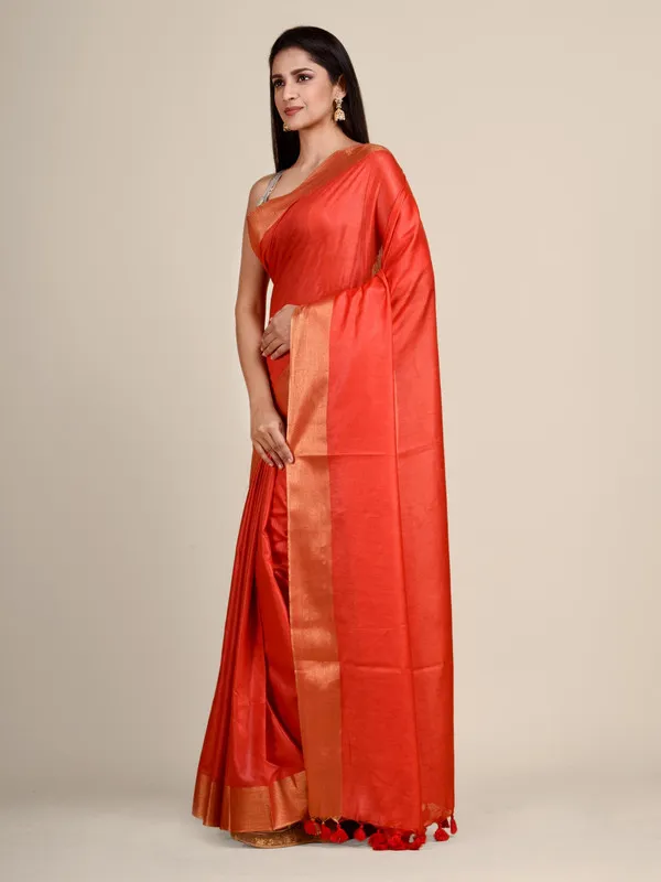 Authentic_Tiano_Orange_Tussar_Viscous_Silk_Handloom_Bhagalpuri_Saree_with_Gold_Zari_Border
