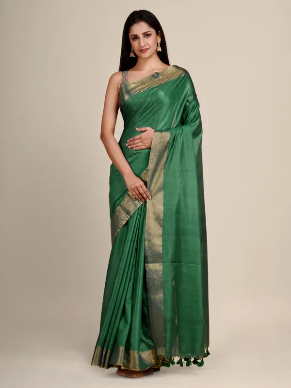 Authentic_British_Green_Tussar_Viscous_Silk_Handloom_Bhagalpuri_Saree_with_Gold_Zari_Border