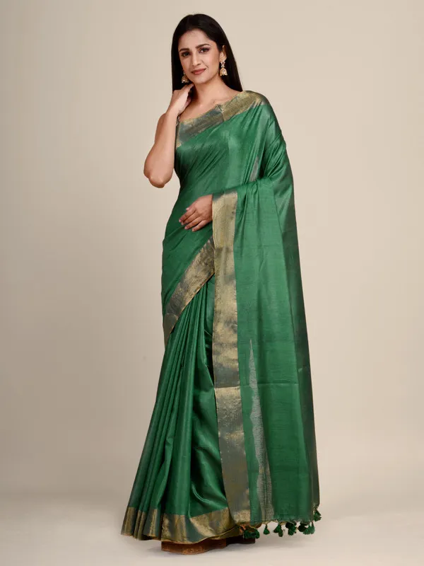 Authentic_British_Green_Tussar_Viscous_Silk_Handloom_Bhagalpuri_Saree_with_Gold_Zari_Border