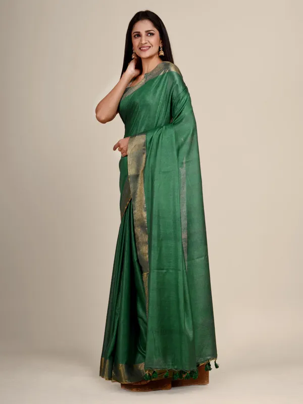 Authentic_British_Green_Tussar_Viscous_Silk_Handloom_Bhagalpuri_Saree_with_Gold_Zari_Border