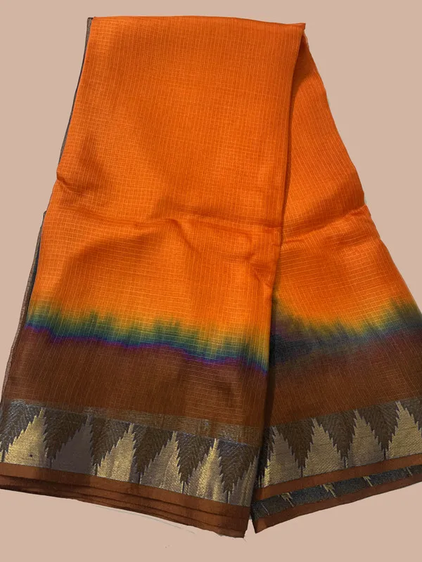 Authentic_Handloom_Bhagalpuri_Kota_Doria_Silk_Organza_Net_Tie-Dye_Saree_with_Temple_Border_(13251_Beaver_Brown_&_Cristy_Orange)