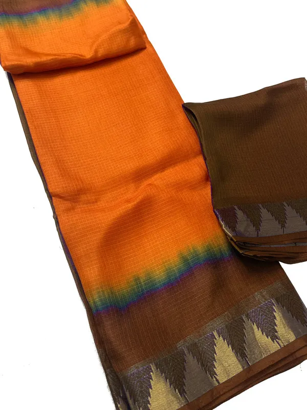 Authentic_Handloom_Bhagalpuri_Kota_Doria_Silk_Organza_Net_Tie-Dye_Saree_with_Temple_Border_(13251_Beaver_Brown_&_Cristy_Orange)