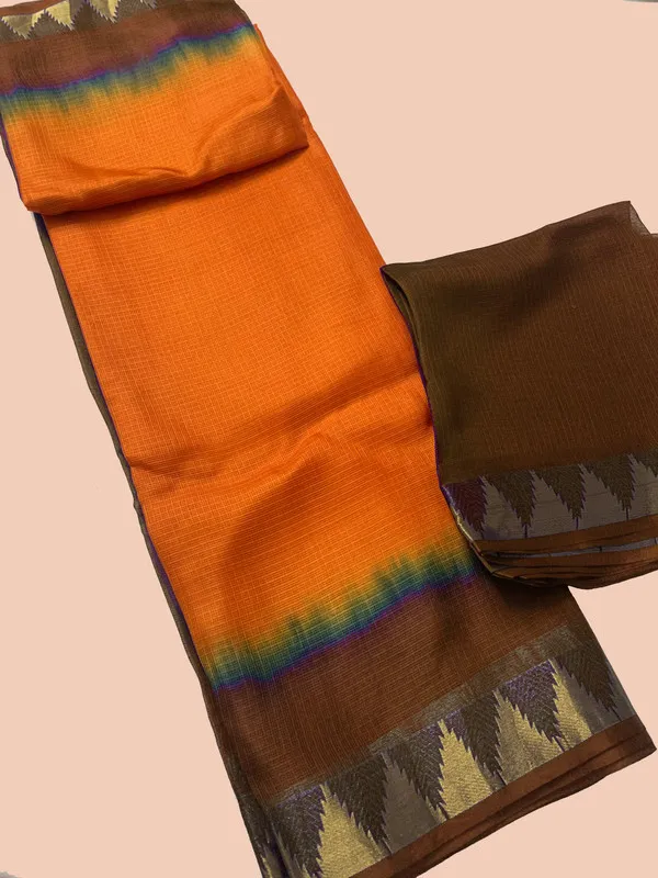 Authentic_Handloom_Bhagalpuri_Kota_Doria_Silk_Organza_Net_Tie-Dye_Saree_with_Temple_Border_(13251_Beaver_Brown_&_Cristy_Orange)