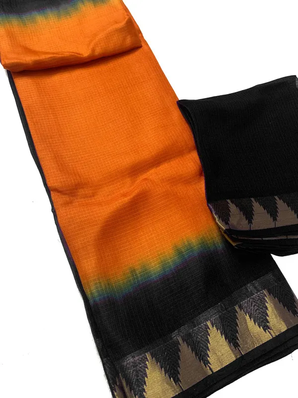 Authentic_Elegant_Tie_&_Dye_Kota_Doria_Silk_Organza_Net_Bhagalpuri_Saree_with_Temple_Border_(13252_Black-Cristy_Orange)