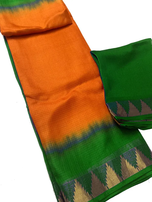 Premium_Kota_Doria_Silk_Organza_Bhagalpuri_Handloom_Saree_with_Temple_Border_&_Tie-Dye_Design_(13253_British_Green_&_Cristy_Orange)