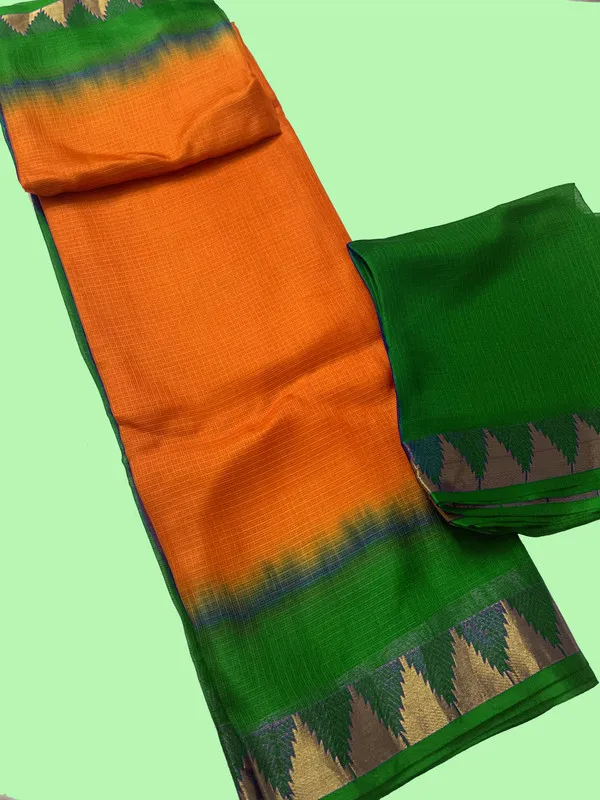Premium_Kota_Doria_Silk_Organza_Bhagalpuri_Handloom_Saree_with_Temple_Border_&_Tie-Dye_Design_(13253_British_Green_&_Cristy_Orange)