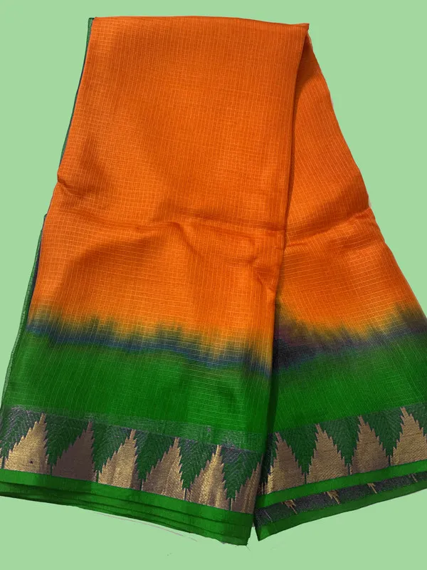 Premium_Kota_Doria_Silk_Organza_Bhagalpuri_Handloom_Saree_with_Temple_Border_&_Tie-Dye_Design_(13253_British_Green_&_Cristy_Orange)