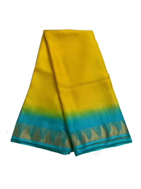 Premium_Traditional_Handloom_Bhagalpuri_Kota_Organza_Tie-Dye_Saree_with_Temple_Motif_Border_(13254_Canary_Yellow_&_Cyan)