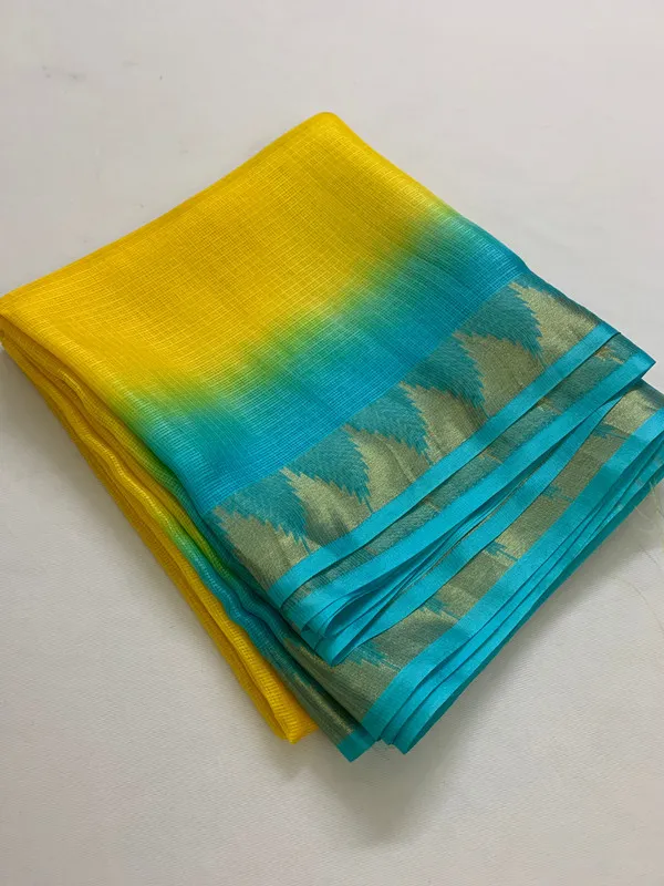 Premium_Traditional_Handloom_Bhagalpuri_Kota_Organza_Tie-Dye_Saree_with_Temple_Motif_Border_(13254_Canary_Yellow_&_Cyan)