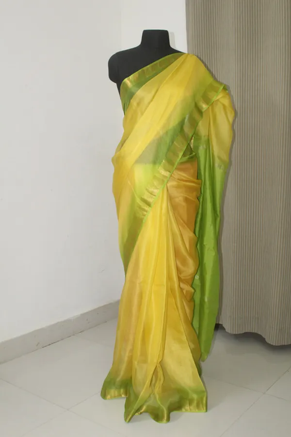 Premium_Dual_Tone_Tie-Dye_Kota_Doria_Silk_Organza_Bhagalpuri_Saree_with_Temple_Border_(13255_Canary_Yellow_&_Parrot_Green)