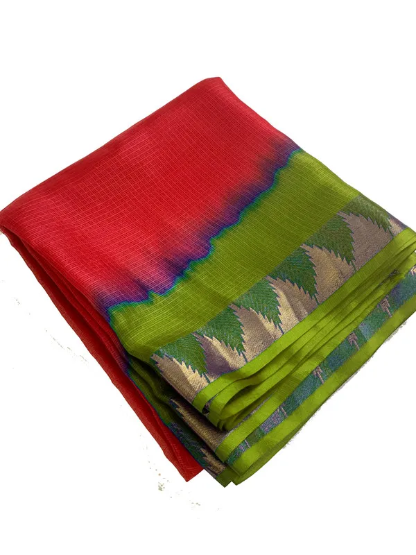 Authentic_Soft_Kota_Doria_Silk_Organza_Handloom_Saree_?_Bhagalpuri_Weave,_Tie_Dye,_Temple_Border_(13260_Fappie_Green_&_Red)
