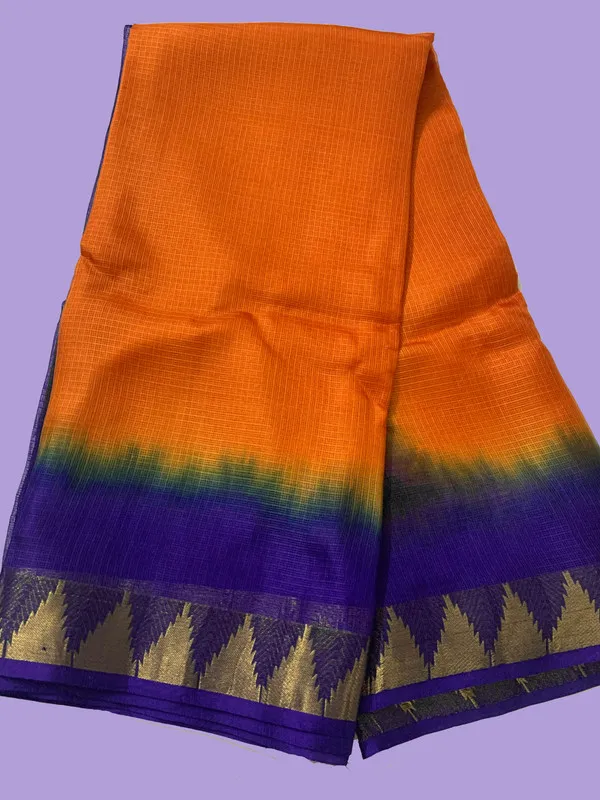 Authentic_Handloom_Bhagalpuri_Kota_Doria_Silk_Organza_Net_Tie-Dye_Saree_with_Temple_Border_(13261_French_Purple_&_Cristy_Orange)