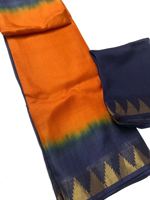 Authentic_Traditional_Handloom_Bhagalpuri_Kota_Organza_Tie-Dye_Saree_with_Temple_Motif_Border_(13264_Grey_&_Cristy_Orange)