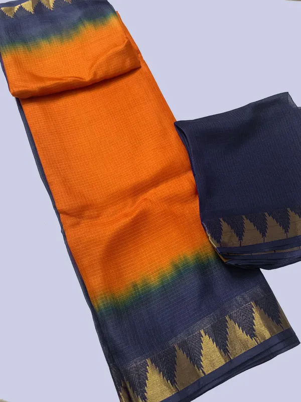 Authentic_Traditional_Handloom_Bhagalpuri_Kota_Organza_Tie-Dye_Saree_with_Temple_Motif_Border_(13264_Grey_&_Cristy_Orange)
