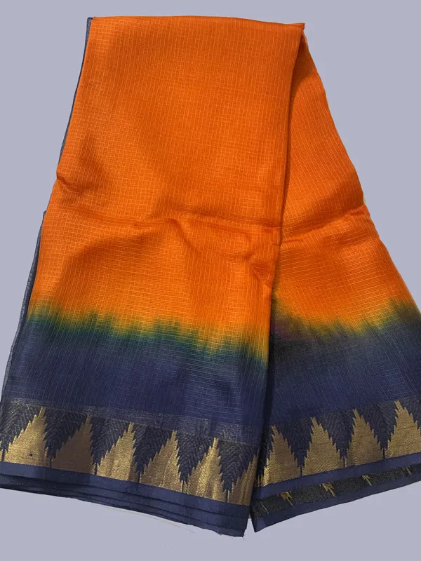 Authentic_Traditional_Handloom_Bhagalpuri_Kota_Organza_Tie-Dye_Saree_with_Temple_Motif_Border_(13264_Grey_&_Cristy_Orange)