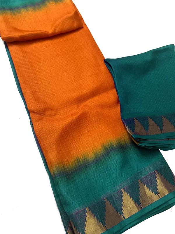 Premium_Ethnic_Bhagalpuri_Handloom_Saree_in_Kota_Doria_Silk_Organza_Net_with_Temple_Border_&_Tie-Dye_(13268_Midnight_Grren_&_Cristy_Orange)