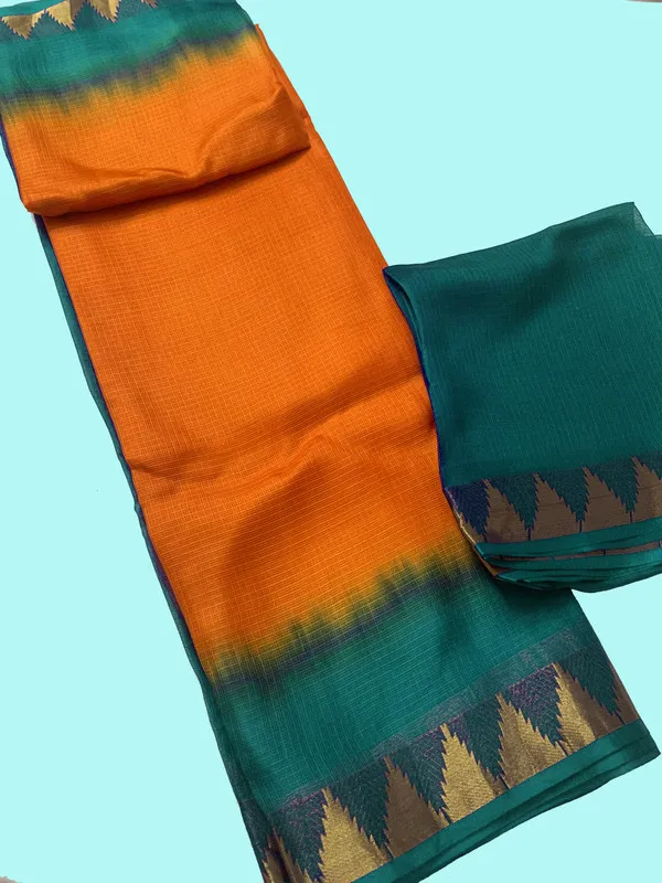Premium_Ethnic_Bhagalpuri_Handloom_Saree_in_Kota_Doria_Silk_Organza_Net_with_Temple_Border_&_Tie-Dye_(13268_Midnight_Grren_&_Cristy_Orange)