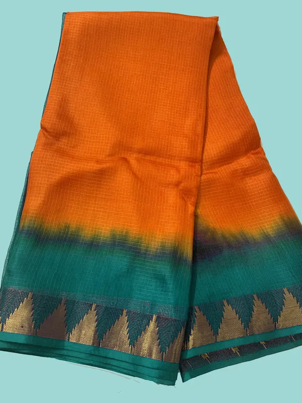 Premium_Ethnic_Bhagalpuri_Handloom_Saree_in_Kota_Doria_Silk_Organza_Net_with_Temple_Border_&_Tie-Dye_(13268_Midnight_Grren_&_Cristy_Orange)