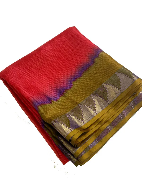 Authentic_Soft_Kota_Doria_Silk_Organza_Handloom_Saree_?_Bhagalpuri_Weave,_Tie_Dye,_Temple_Border_(13270_Olive_Green_&_Red)