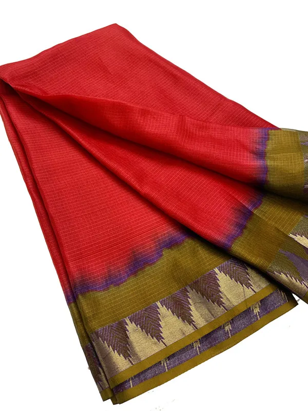 Authentic_Soft_Kota_Doria_Silk_Organza_Handloom_Saree_?_Bhagalpuri_Weave,_Tie_Dye,_Temple_Border_(13270_Olive_Green_&_Red)