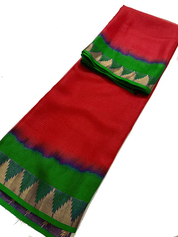 Authentic_Handloom_Bhagalpuri_Kota_Doria_Silk_Organza_Net_Tie-Dye_Saree_with_Temple_Border_(13271_Racing_Green_&_Red)