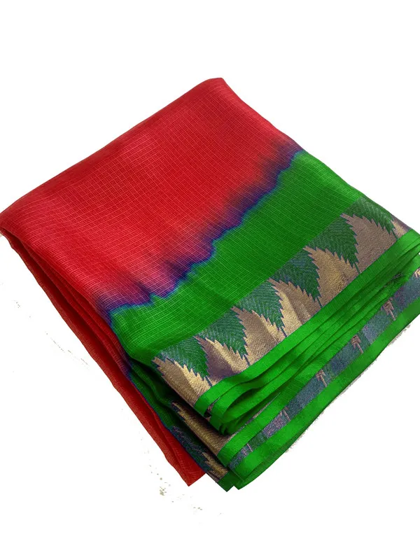 Authentic_Handloom_Bhagalpuri_Kota_Doria_Silk_Organza_Net_Tie-Dye_Saree_with_Temple_Border_(13271_Racing_Green_&_Red)