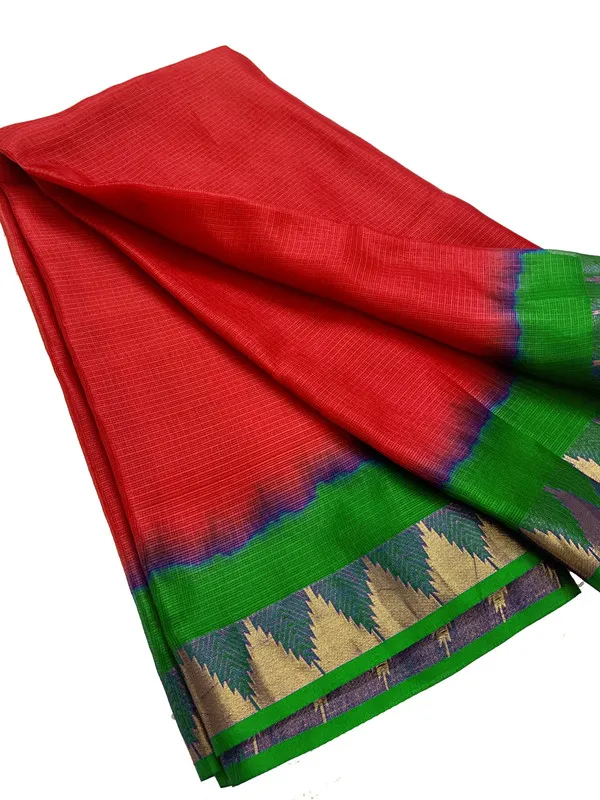 Authentic_Handloom_Bhagalpuri_Kota_Doria_Silk_Organza_Net_Tie-Dye_Saree_with_Temple_Border_(13271_Racing_Green_&_Red)