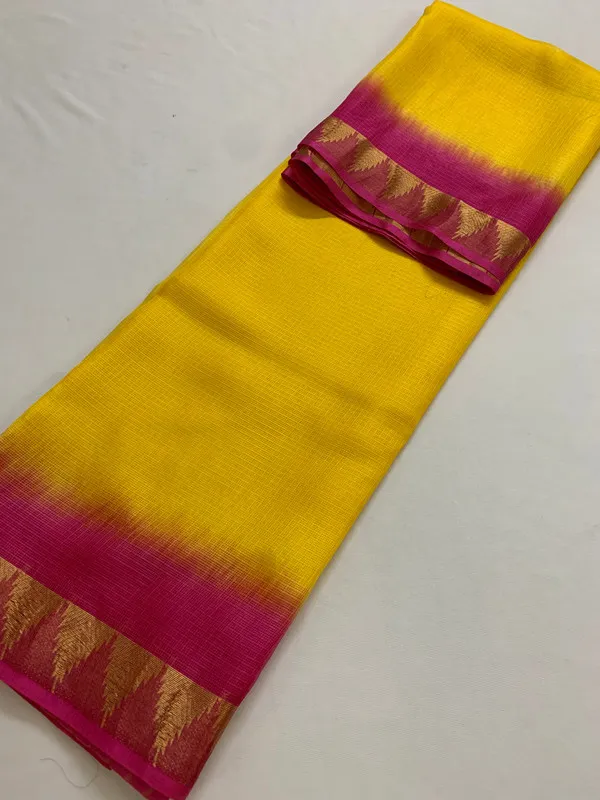 Premium_Traditional_Handloom_Bhagalpuri_Kota_Organza_Tie-Dye_Saree_with_Temple_Motif_Border_(13274_Yellow_Hot_Pink)