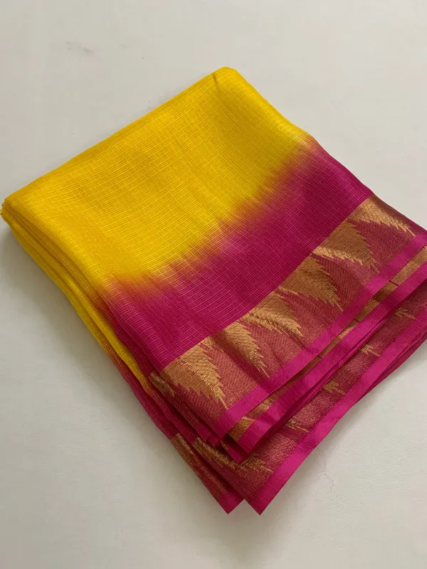 Premium_Traditional_Handloom_Bhagalpuri_Kota_Organza_Tie-Dye_Saree_with_Temple_Motif_Border_(13274_Yellow_Hot_Pink)